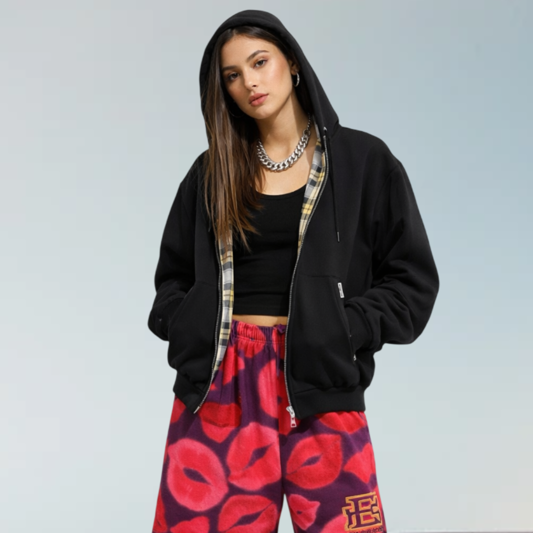 Double-Sided Black Zip Up Hoodie